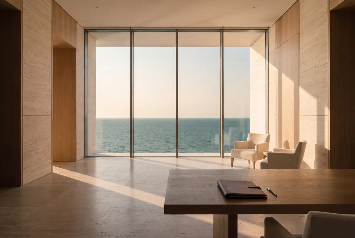 Une pièce en pierre et en chêne, avec un porte-documents en cuir fermé et un stylo sur une table, devant une baie ouverte sur la mer à l'heure dorée