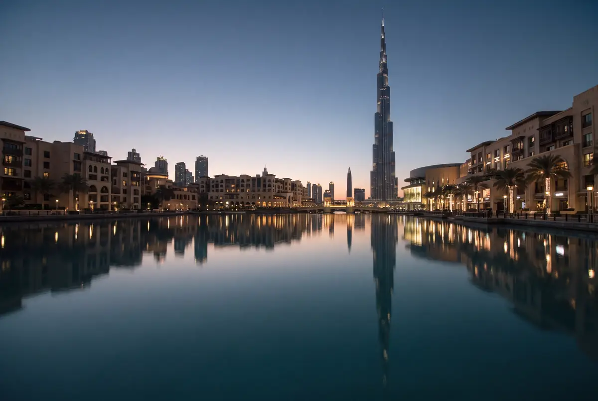 Le Burj Khalifa au-dessus d'un lac calme bordé de bâtiments bas en pierre et de palmiers, au crépuscule