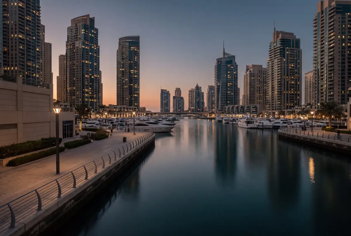Des tours autour d'un bassin de marina, avec des yachts amarrés et une promenade au bord de l'eau, au crépuscule