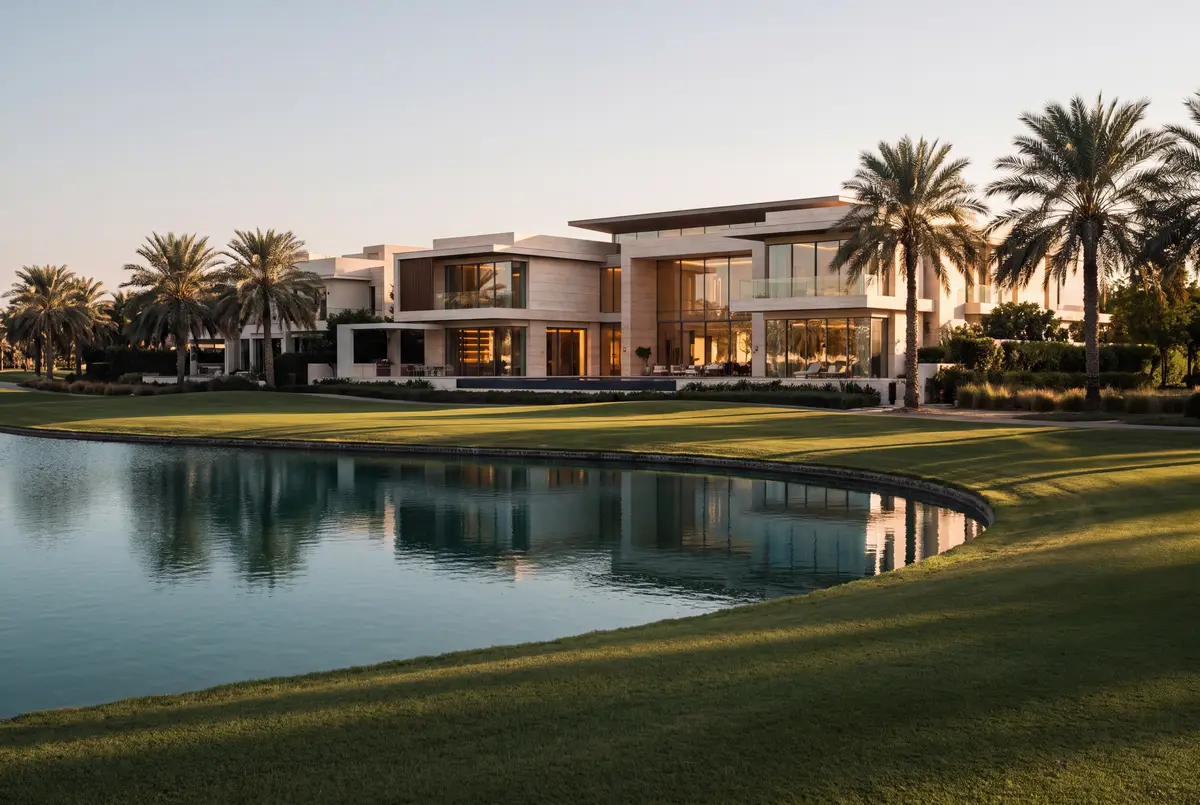 Une grande villa contemporaine derrière un fairway de golf et un lac, encadrée de palmiers, à l'heure dorée